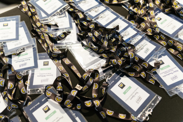 Lanyards and name badges laid out for registration, State of Social ’20
