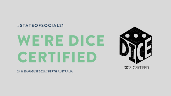 Promotional tile of green text on grey background saying "We're DICE certified"