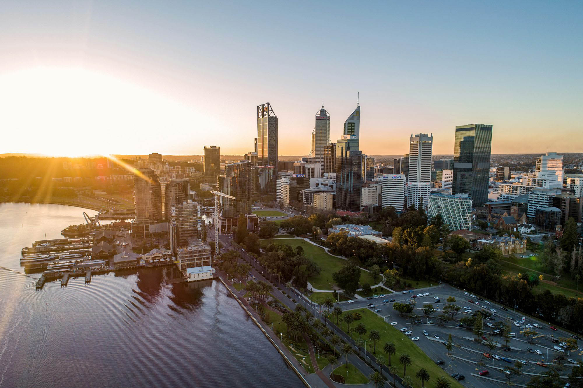 The Perth skyline and river in low golden light