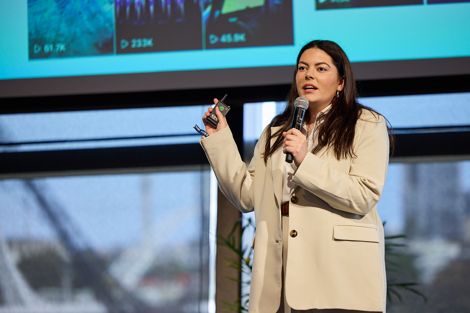 Lily Hoffmann on stage at SOS24: So you want a viral video strategy?