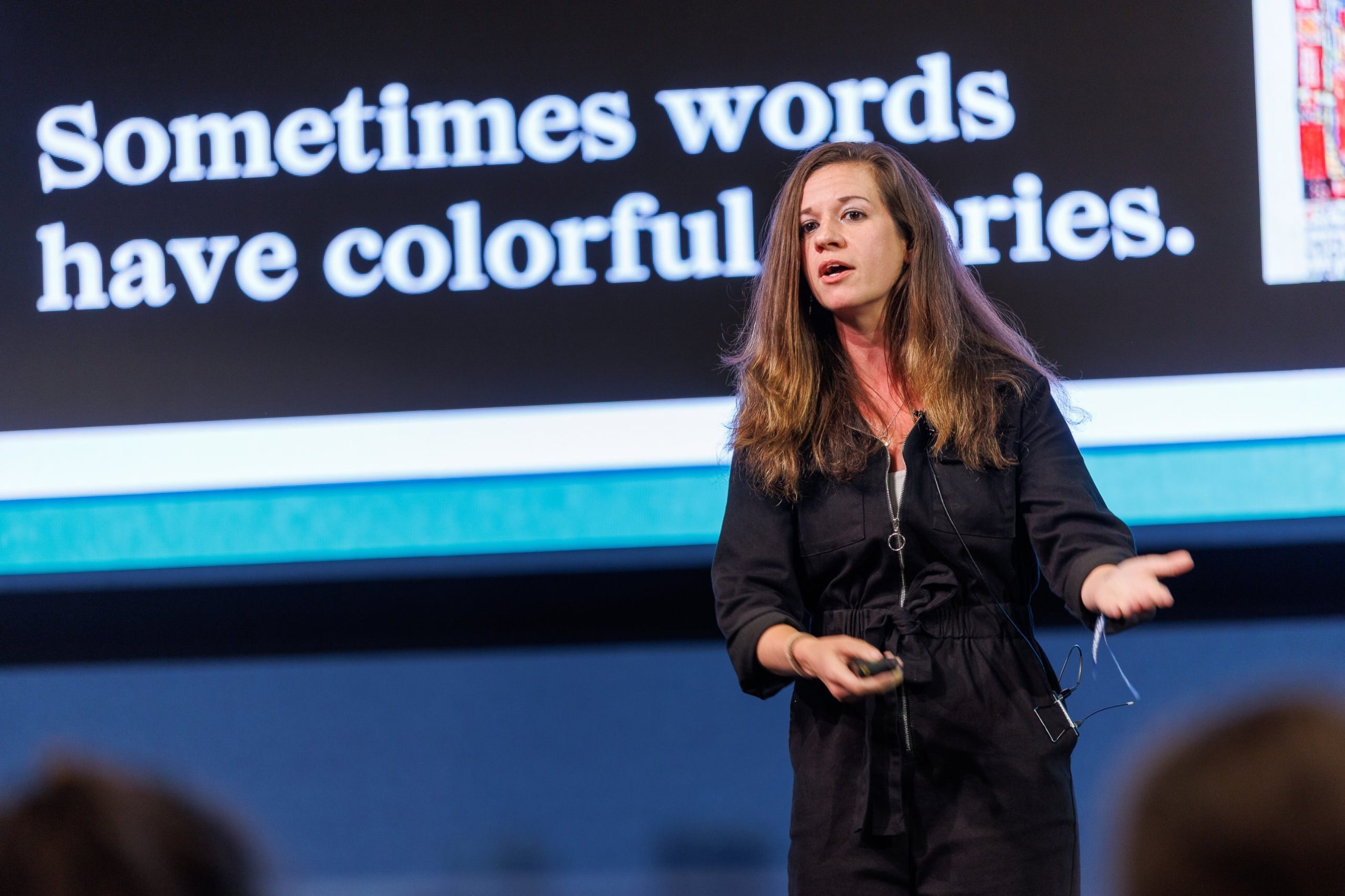 Jess Zafarris on stage at SOS26: Word magic for social pros